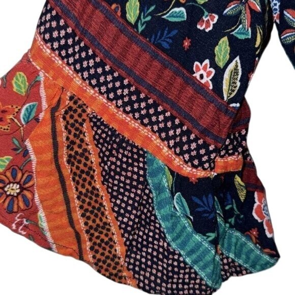 Democracy Womens Boho Floral Patchwork Blouse Top With Tassels V-Neck Multicolor - Picture 6 of 10